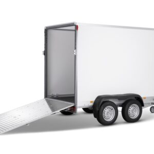 Kofferanhänger STPK O2 27-30-15.2.P18.1 Rampe n. unten P-Box gebremst, Plywood mit 1 x große Rampe nach unten zu öffnen und 2 x Abstellstütze