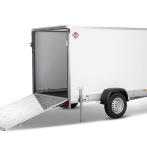 Kofferanhänger STPK O2 13-25-13.1.P15.1 Rampe n. unten P-Box gebremst, Plywood mit 1 x große Rampe nach unten  und 2 x Abstellstütze